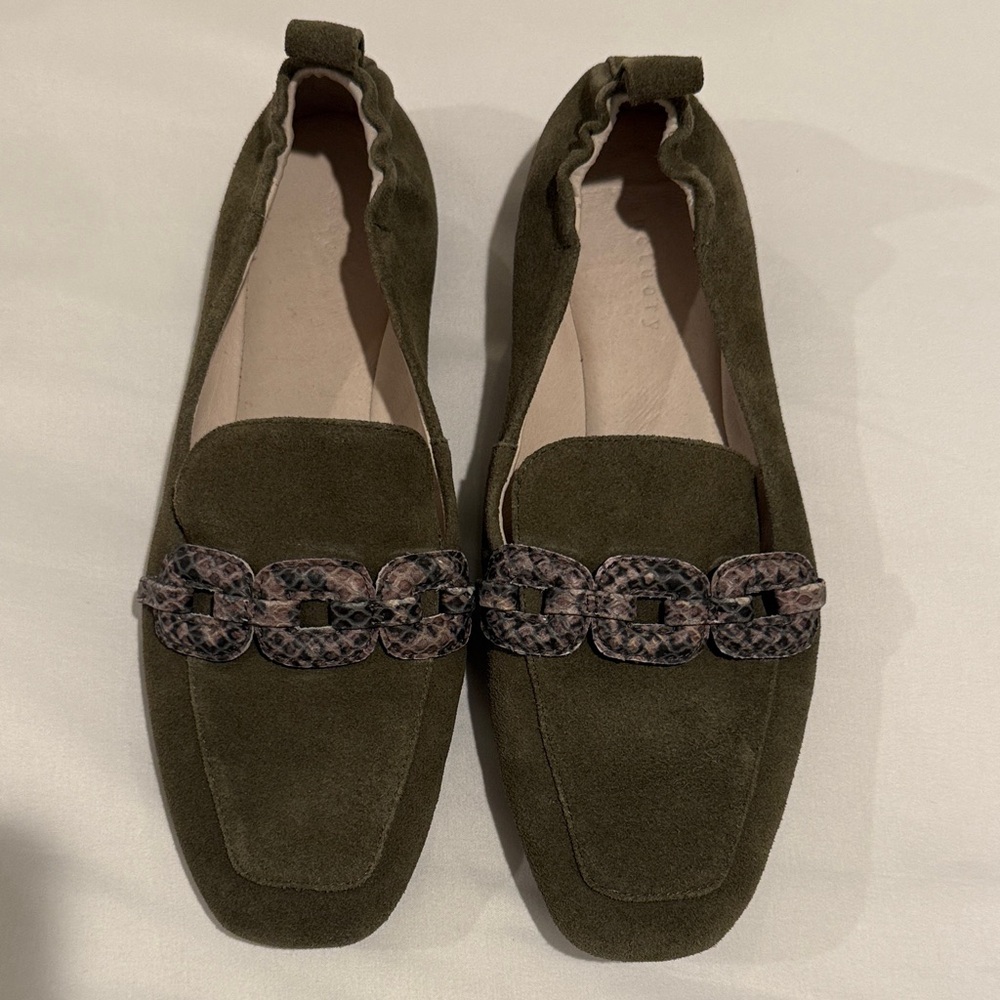 Sanctuary Olive Suede Loafers with Chain Detail